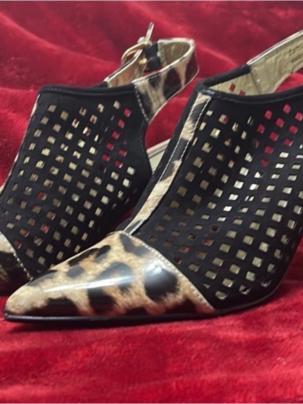 J.Renee Black Laser-Cut Slingback Heels with Leopard-Print Toe